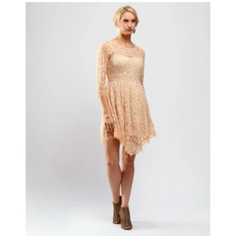 Free People Peach‎ Floral Mesh Lace Mini Dress Fit Flare cottagecore 0 coquette